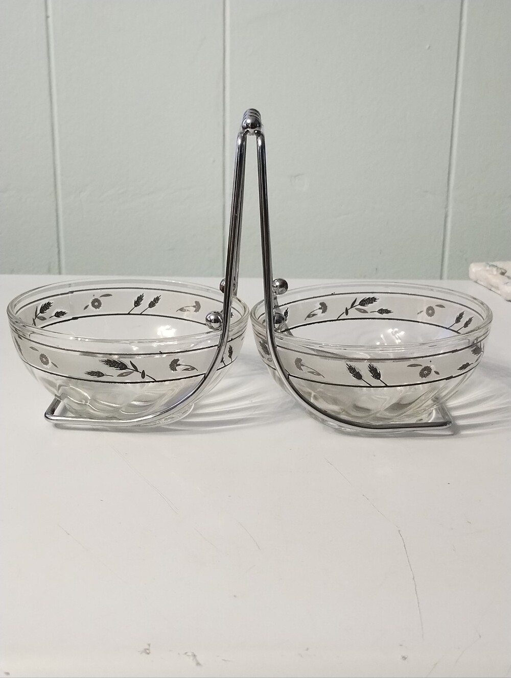 Mid Century Modern Libbey Glass Double Serving Bowl with Chrome Accent Stand